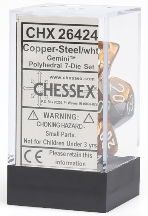 Chessex Dice: 7 Set Polyhedral Gemini Copper Steel White CHX26424